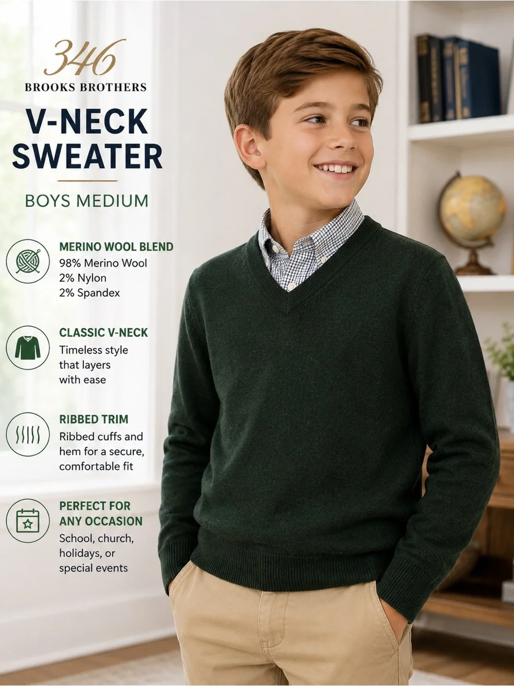 Brooks Brothers 346 Boys M Merino Wool V-Neck Sweater Dark Green